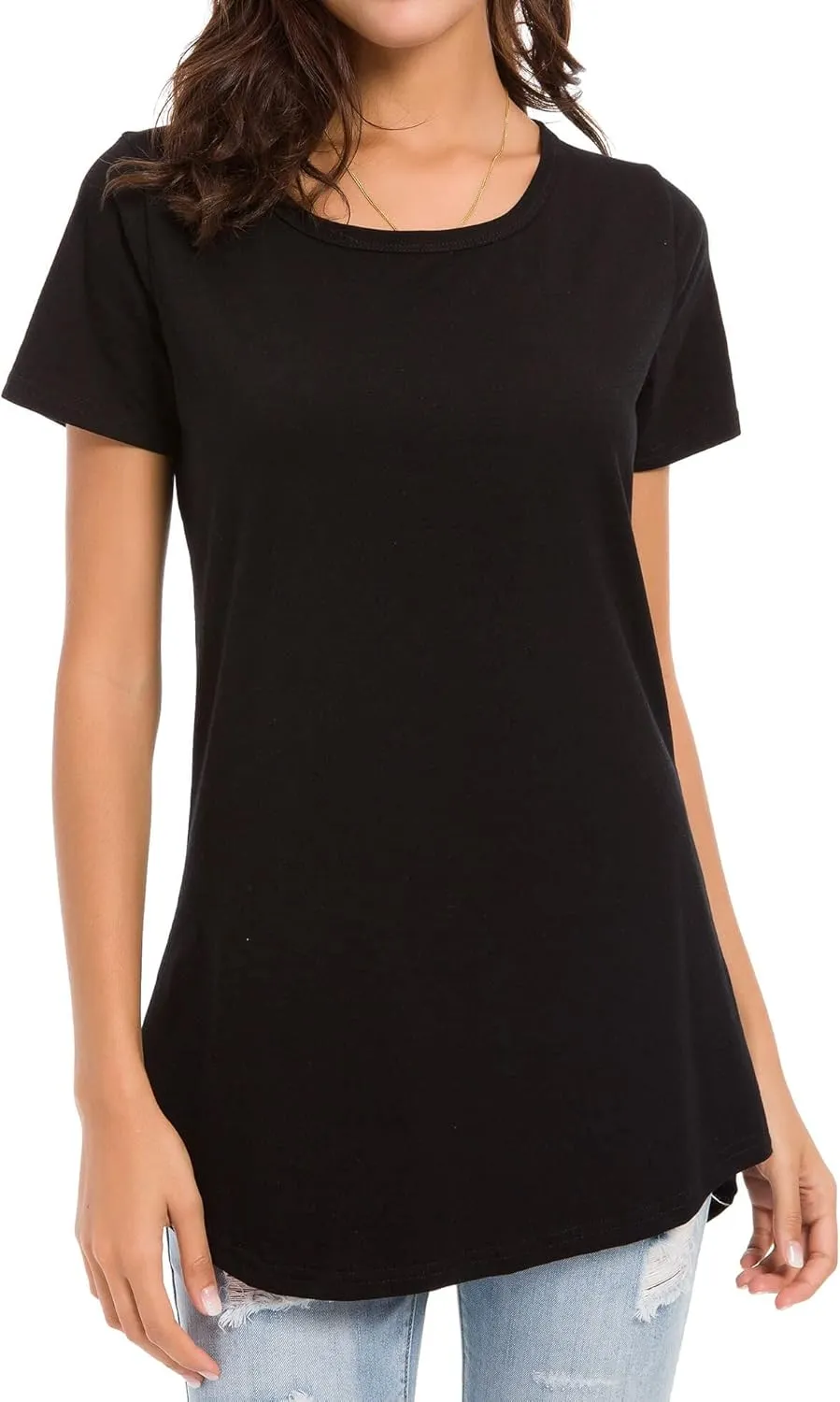 Women's Cotton Fitted Long Length T Shirts Short Sleeve Basic Comfy Tunic Tee Tops