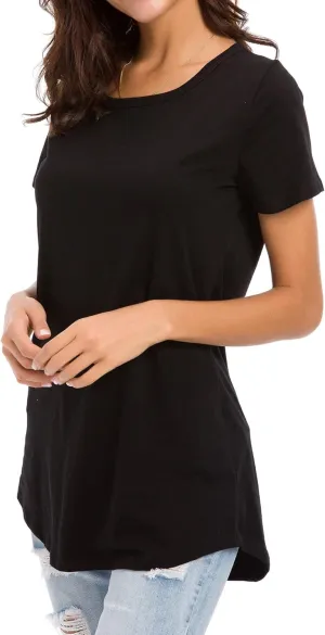 Women's Cotton Fitted Long Length T Shirts Short Sleeve Basic Comfy Tunic Tee Tops