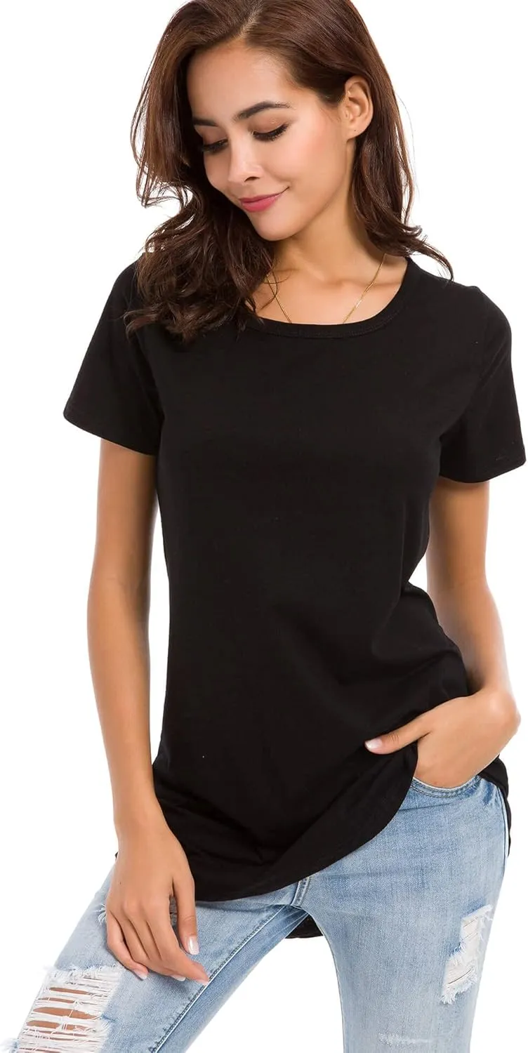 Women's Cotton Fitted Long Length T Shirts Short Sleeve Basic Comfy Tunic Tee Tops