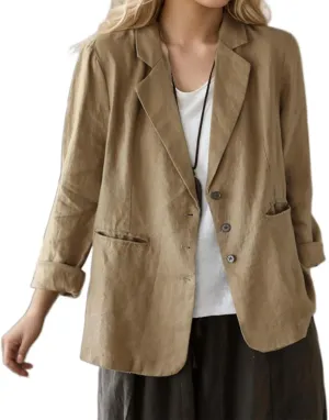 Womens Cotton Linen Lapel Button Blazer Casual Long Sleeve Open Front Lightweight Linen Blazers Jacket with Pockets