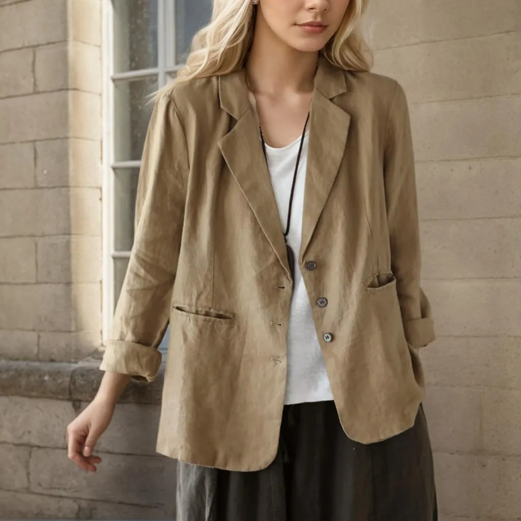 Womens Cotton Linen Lapel Button Blazer Casual Long Sleeve Open Front Lightweight Linen Blazers Jacket with Pockets