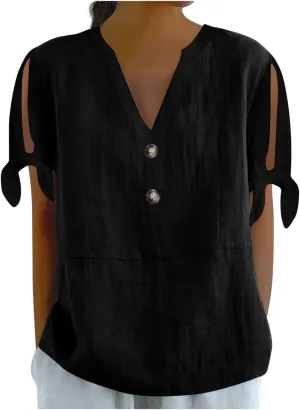 Women's Cotton Linen Shirt Fashion Belted Short Sleeve Tops Summer Loose Button Blouses Beach Vacation Clothes 2025