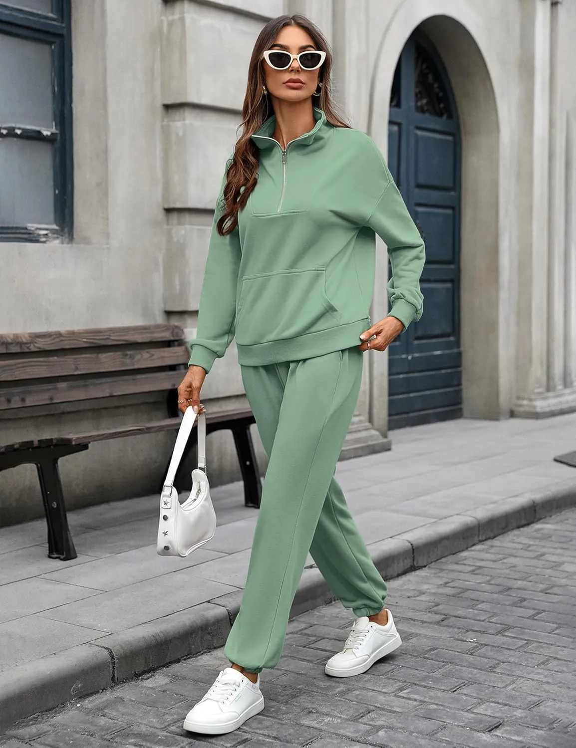 Women's Cozy 2 Piece Outfits Lounge Sets Long Sleeve Half Zip Sweatshirt Tops Jogger Sweatpants Sweats Track Suits Set