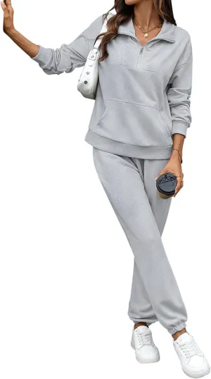 Women's Cozy 2 Piece Outfits Lounge Sets Long Sleeve Half Zip Sweatshirt Tops Jogger Sweatpants Sweats Track Suits Set
