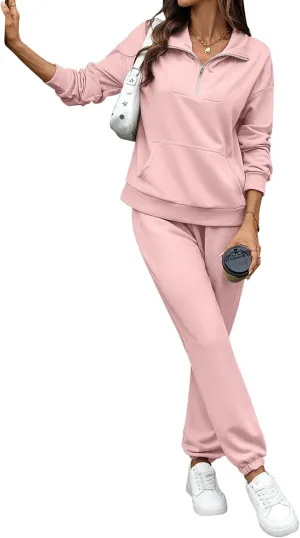 Women's Cozy 2 Piece Outfits Lounge Sets Long Sleeve Half Zip Sweatshirt Tops Jogger Sweatpants Sweats Track Suits Set