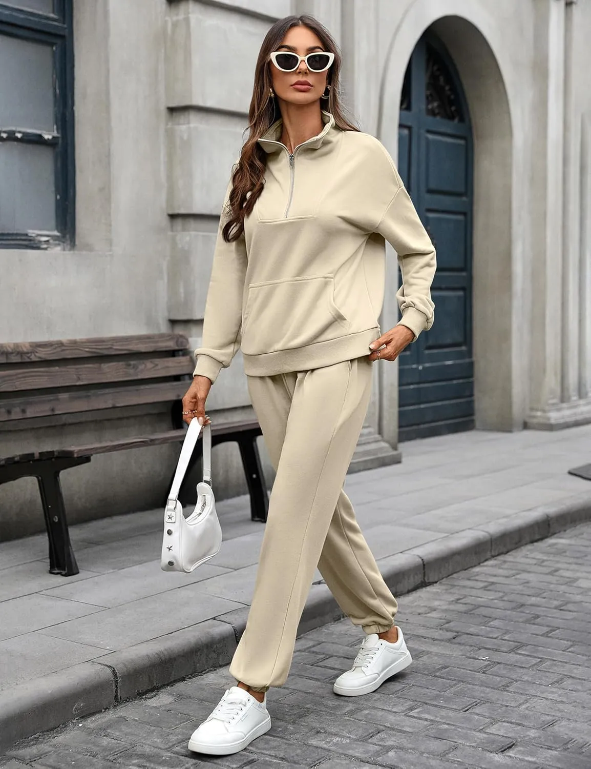 Women's Cozy 2 Piece Outfits Lounge Sets Long Sleeve Half Zip Sweatshirt Tops Jogger Sweatpants Sweats Track Suits Set