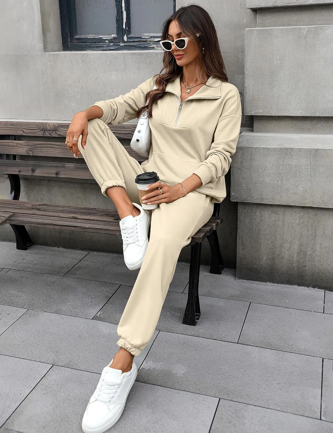 Women's Cozy 2 Piece Outfits Lounge Sets Long Sleeve Half Zip Sweatshirt Tops Jogger Sweatpants Sweats Track Suits Set