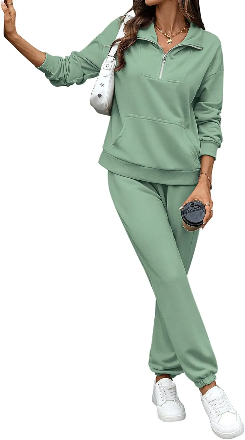 Women's Cozy 2 Piece Outfits Lounge Sets Long Sleeve Half Zip Sweatshirt Tops Jogger Sweatpants Sweats Track Suits Set