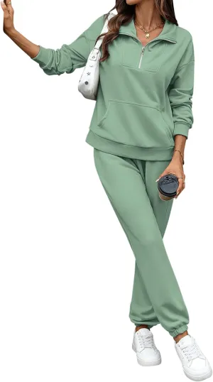 Women's Cozy 2 Piece Outfits Lounge Sets Long Sleeve Half Zip Sweatshirt Tops Jogger Sweatpants Sweats Track Suits Set