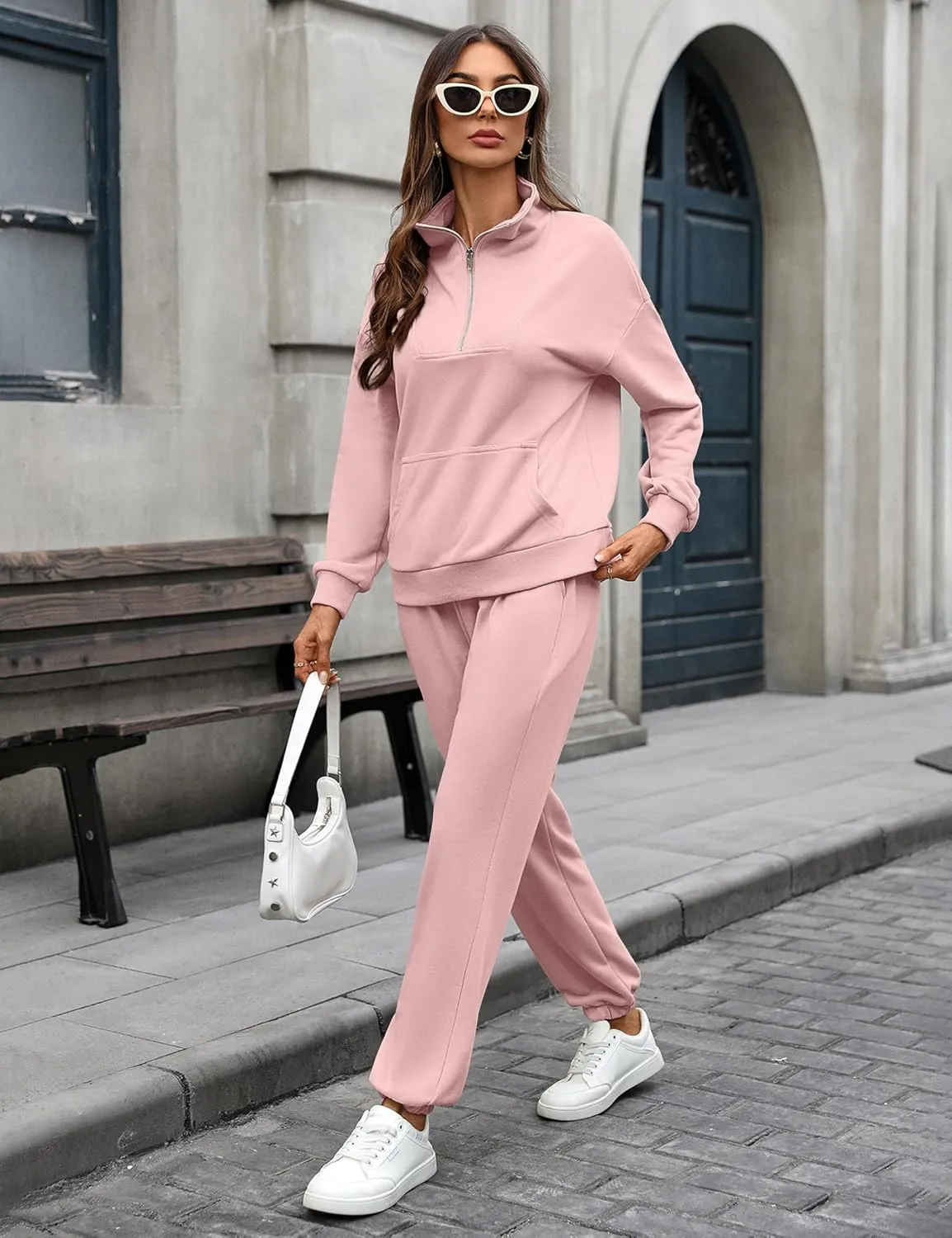 Women's Cozy 2 Piece Outfits Lounge Sets Long Sleeve Half Zip Sweatshirt Tops Jogger Sweatpants Sweats Track Suits Set