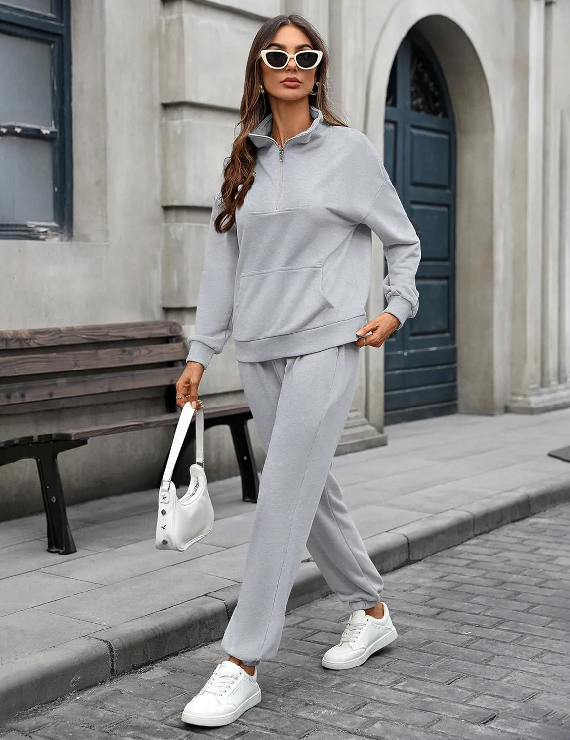 Women's Cozy 2 Piece Outfits Lounge Sets Long Sleeve Half Zip Sweatshirt Tops Jogger Sweatpants Sweats Track Suits Set