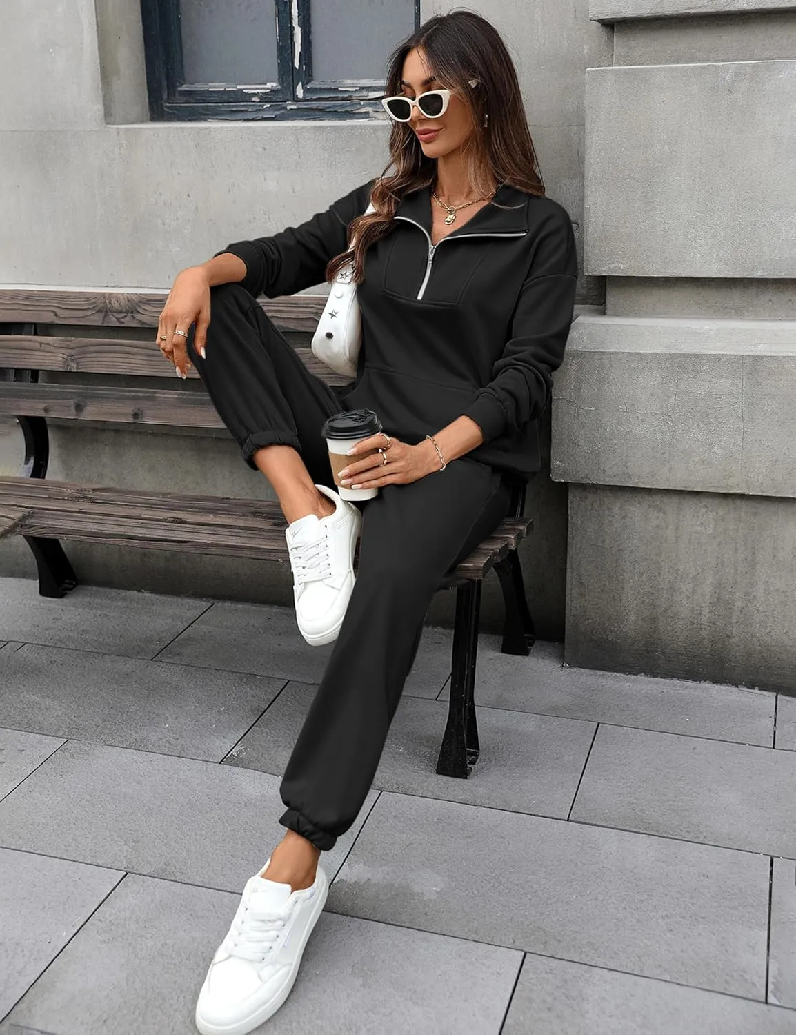 Women's Cozy 2 Piece Outfits Lounge Sets Long Sleeve Half Zip Sweatshirt Tops Jogger Sweatpants Sweats Track Suits Set