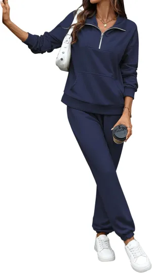 Women's Cozy 2 Piece Outfits Lounge Sets Long Sleeve Half Zip Sweatshirt Tops Jogger Sweatpants Sweats Track Suits Set