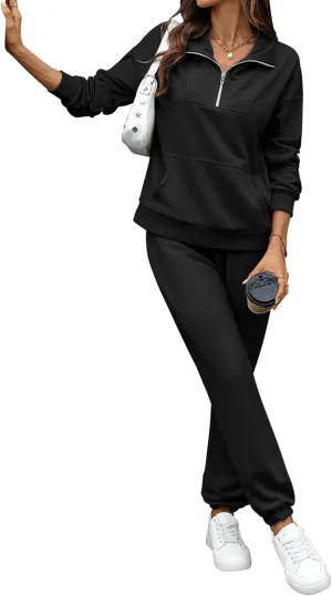 Women's Cozy 2 Piece Outfits Lounge Sets Long Sleeve Half Zip Sweatshirt Tops Jogger Sweatpants Sweats Track Suits Set