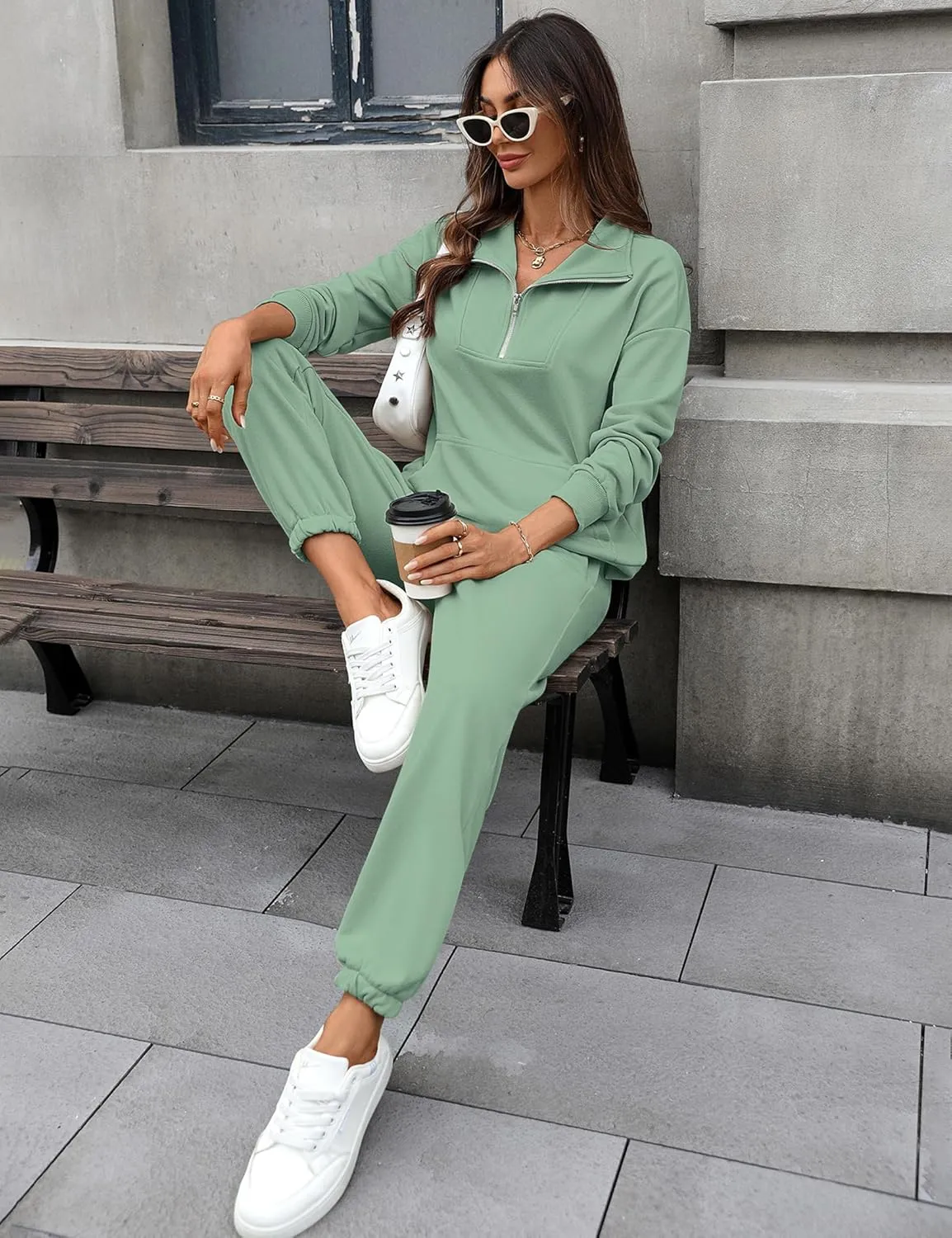 Women's Cozy 2 Piece Outfits Lounge Sets Long Sleeve Half Zip Sweatshirt Tops Jogger Sweatpants Sweats Track Suits Set