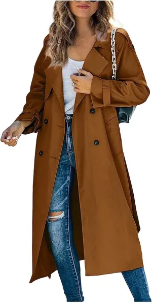 Womens Double Breasted Long Trench Coat Casual Lapel Open Front Pea Coat Winter Windbreaker Jacket Overcoat