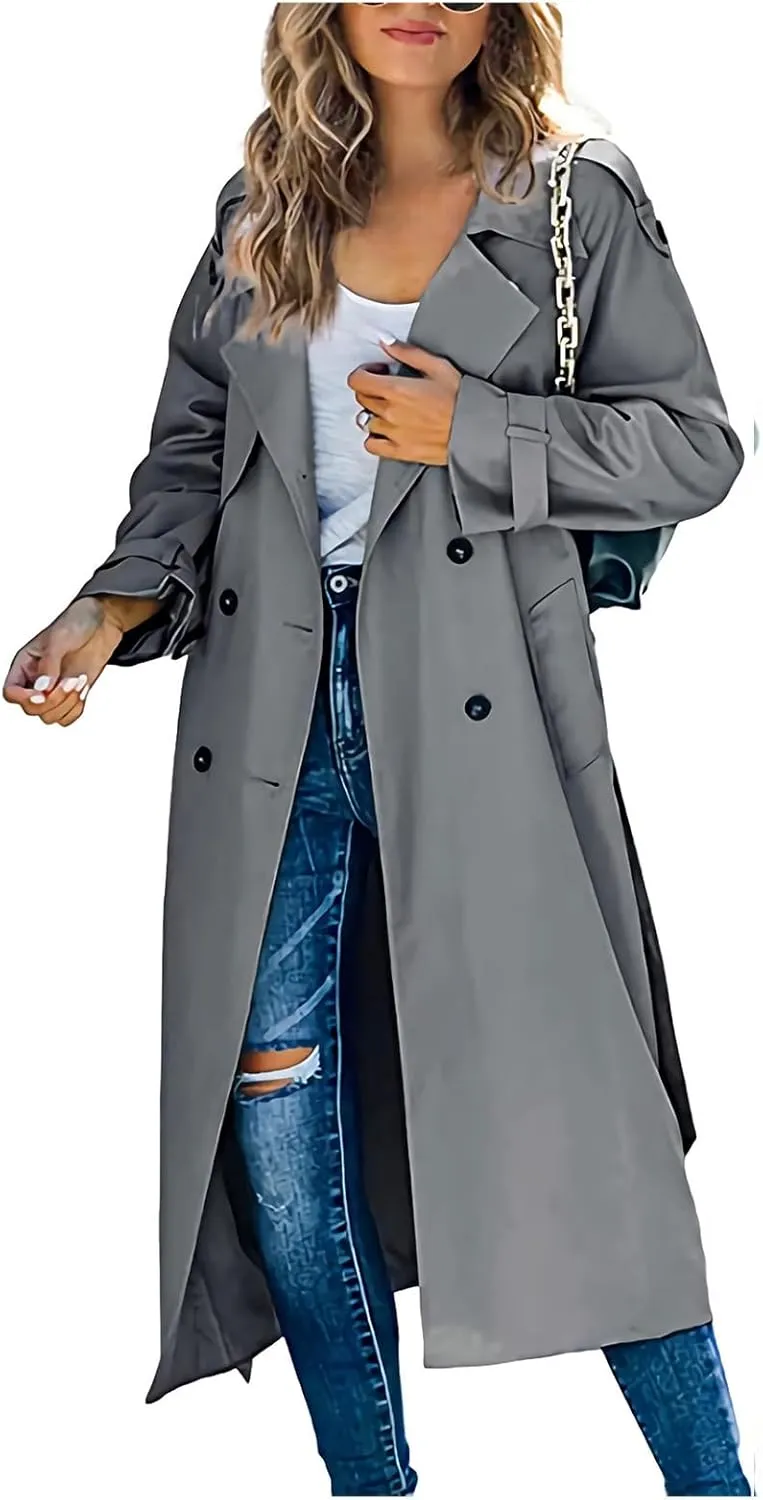 Womens Double Breasted Long Trench Coat Casual Lapel Open Front Pea Coat Winter Windbreaker Jacket Overcoat