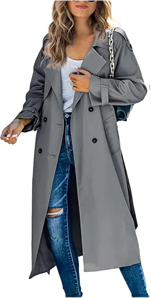 Womens Double Breasted Long Trench Coat Casual Lapel Open Front Pea Coat Winter Windbreaker Jacket Overcoat