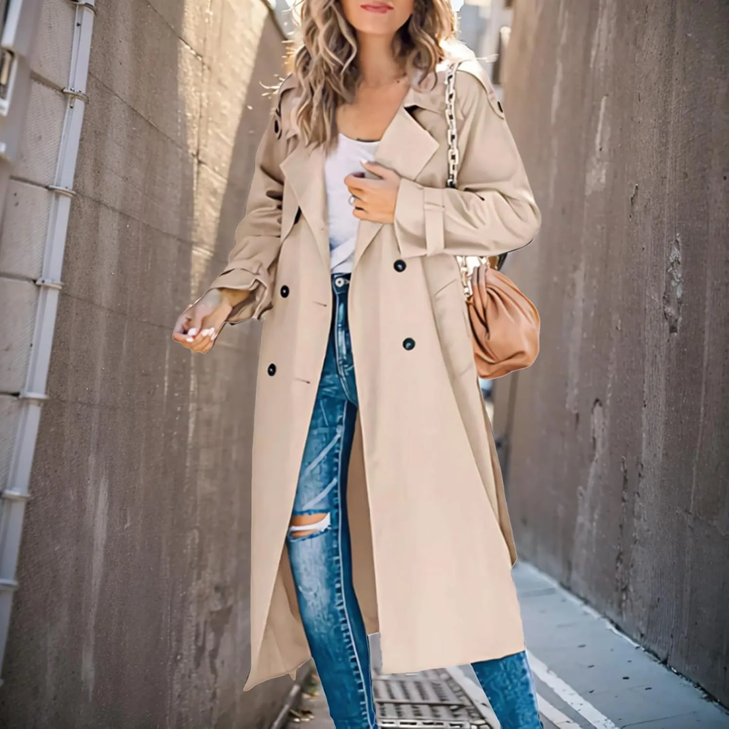 Womens Double Breasted Long Trench Coat Casual Lapel Open Front Pea Coat Winter Windbreaker Jacket Overcoat