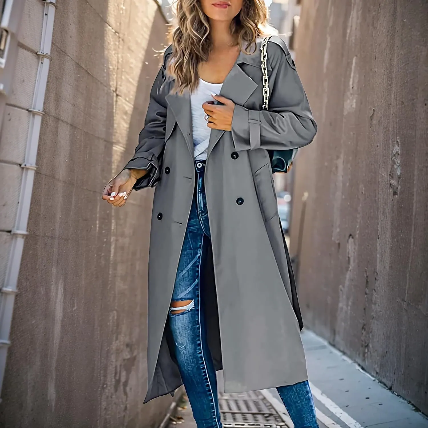 Womens Double Breasted Long Trench Coat Casual Lapel Open Front Pea Coat Winter Windbreaker Jacket Overcoat