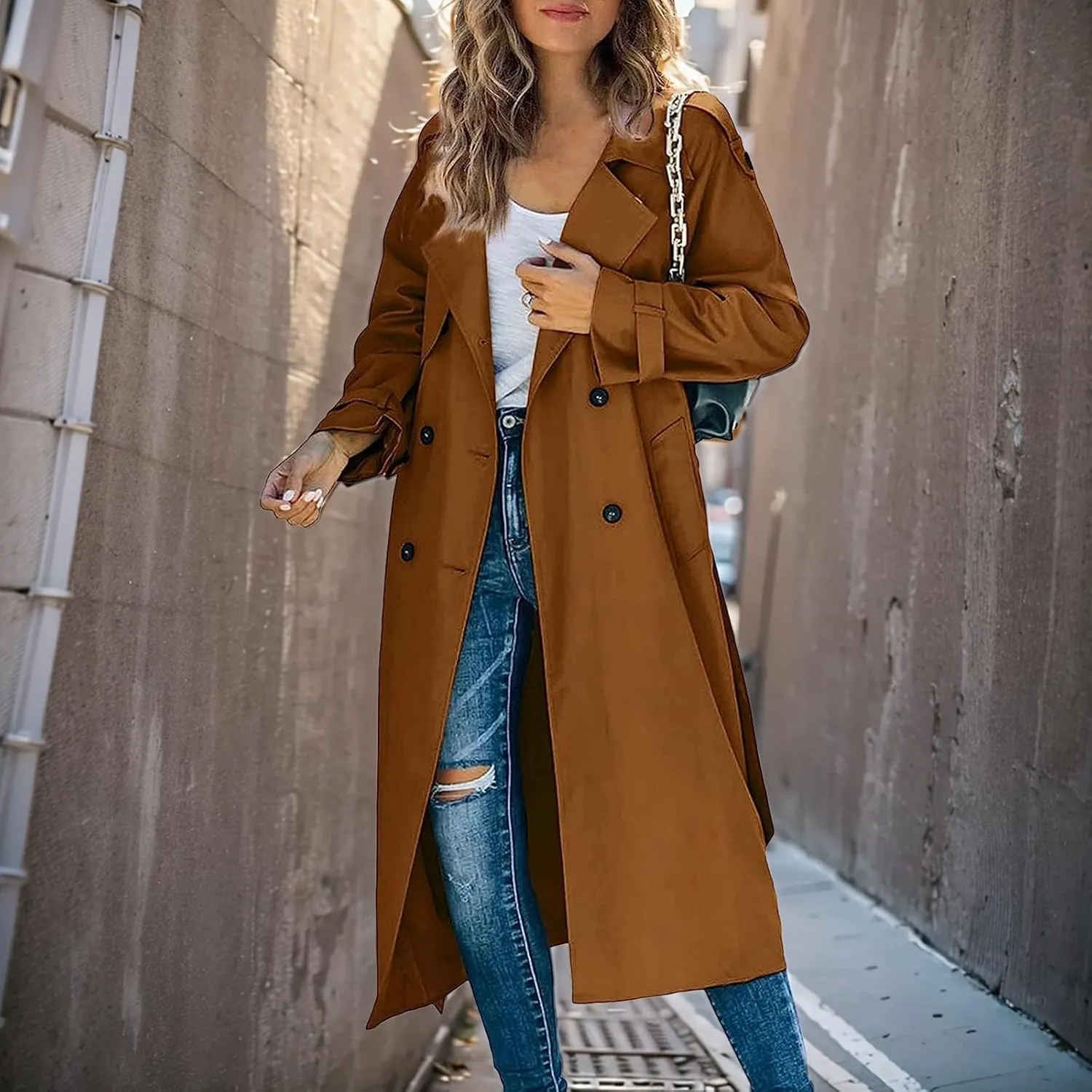 Womens Double Breasted Long Trench Coat Casual Lapel Open Front Pea Coat Winter Windbreaker Jacket Overcoat