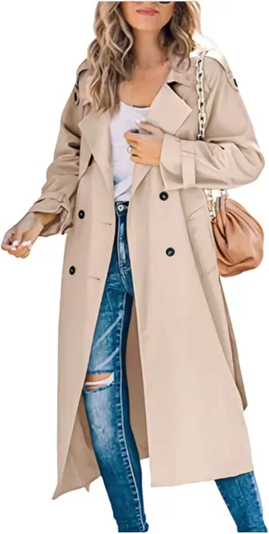 Womens Double Breasted Long Trench Coat Casual Lapel Open Front Pea Coat Winter Windbreaker Jacket Overcoat