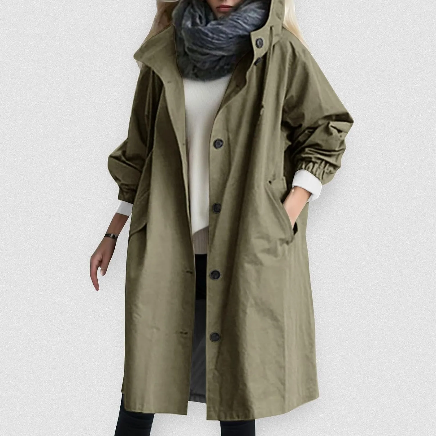Women's Double Breasted Long Trench Coat Windproof Classic Lapel Slim Overcoat with Belt