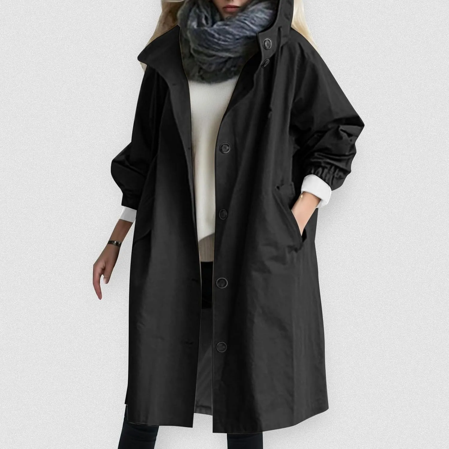 Women's Double Breasted Long Trench Coat Windproof Classic Lapel Slim Overcoat with Belt