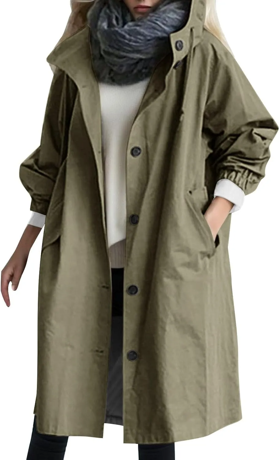 Women's Double Breasted Long Trench Coat Windproof Classic Lapel Slim Overcoat with Belt