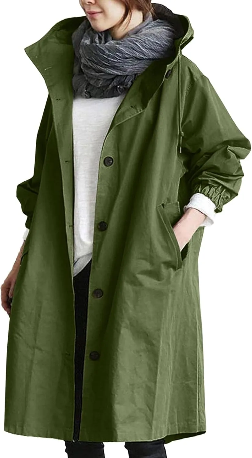 Women's Double Breasted Long Trench Coat Windproof Classic Lapel Slim Overcoat with Belt