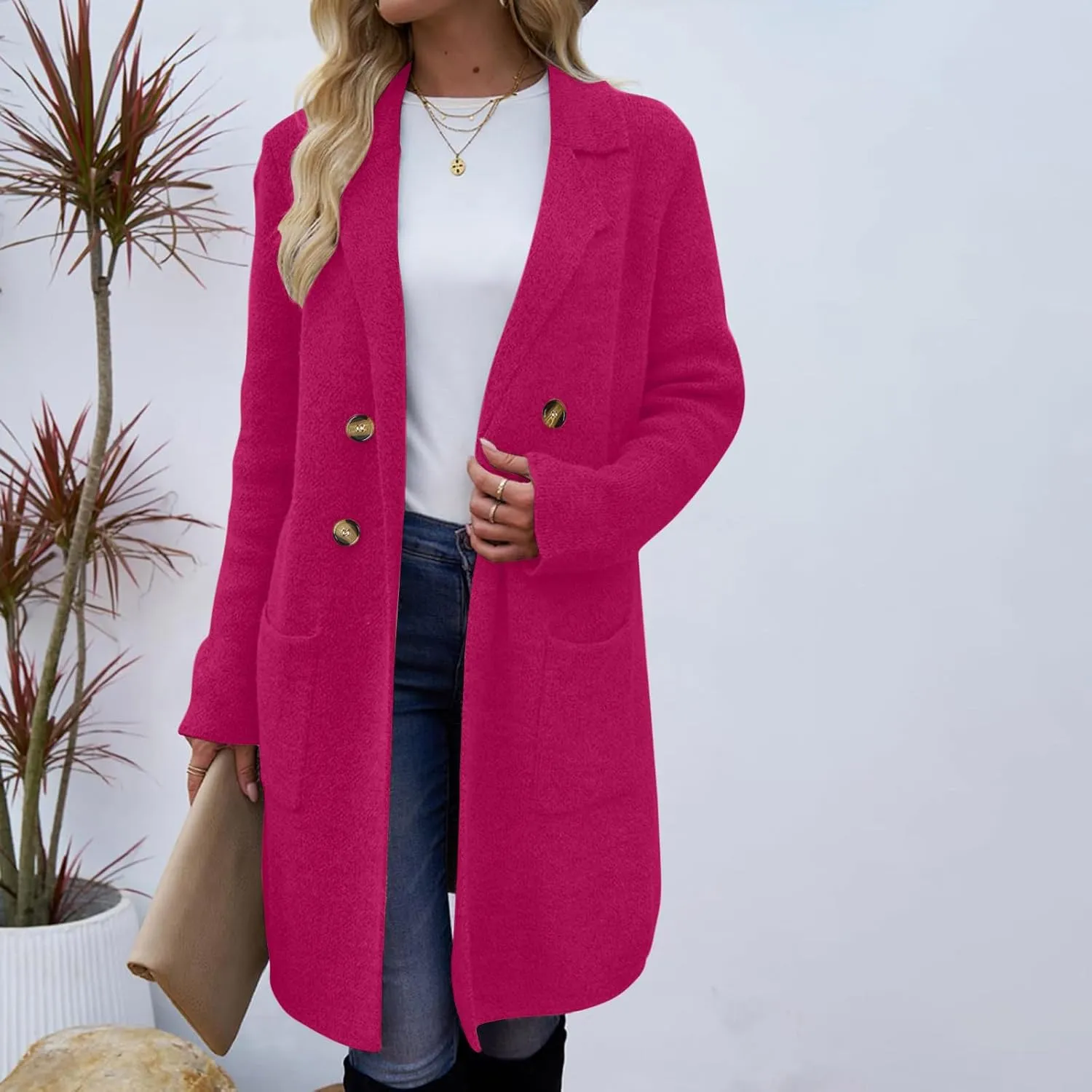 Women's Double Breasted Trench Coats Notch Lapel Midi Long Wool Pea Coat Warm Winter Jackets Overcoat with Pockets