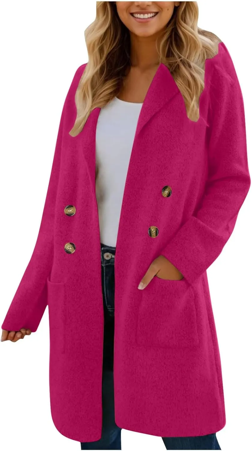 Women's Double Breasted Trench Coats Notch Lapel Midi Long Wool Pea Coat Warm Winter Jackets Overcoat with Pockets