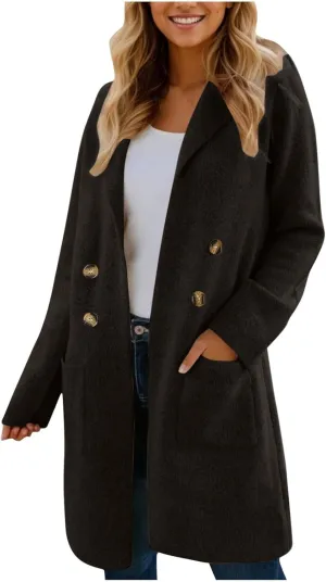 Women's Double Breasted Trench Coats Notch Lapel Midi Long Wool Pea Coat Warm Winter Jackets Overcoat with Pockets