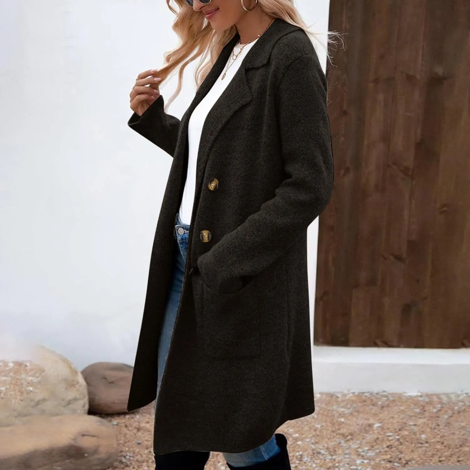 Women's Double Breasted Trench Coats Notch Lapel Midi Long Wool Pea Coat Warm Winter Jackets Overcoat with Pockets