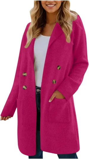 Women's Double Breasted Trench Coats Notch Lapel Midi Long Wool Pea Coat Warm Winter Jackets Overcoat with Pockets