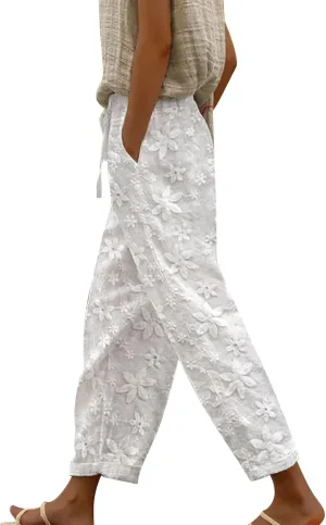 Womens Embroidery Lace Wide Leg Pants Elegant 2024 Summer Elastic Waist Linen Pants Casual Beach Trousers with Pockets