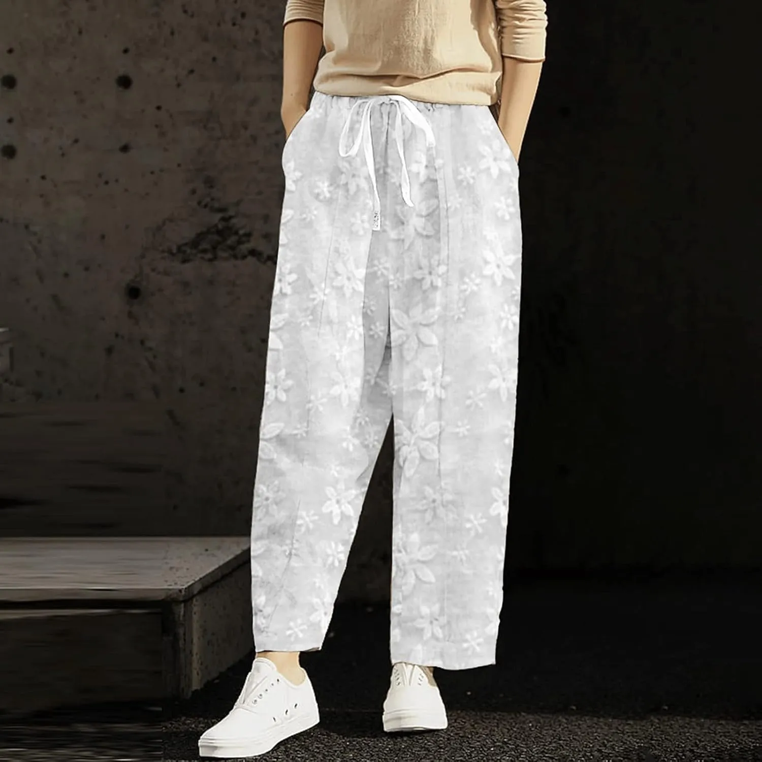 Womens Embroidery Lace Wide Leg Pants Elegant 2024 Summer Elastic Waist Linen Pants Casual Beach Trousers with Pockets