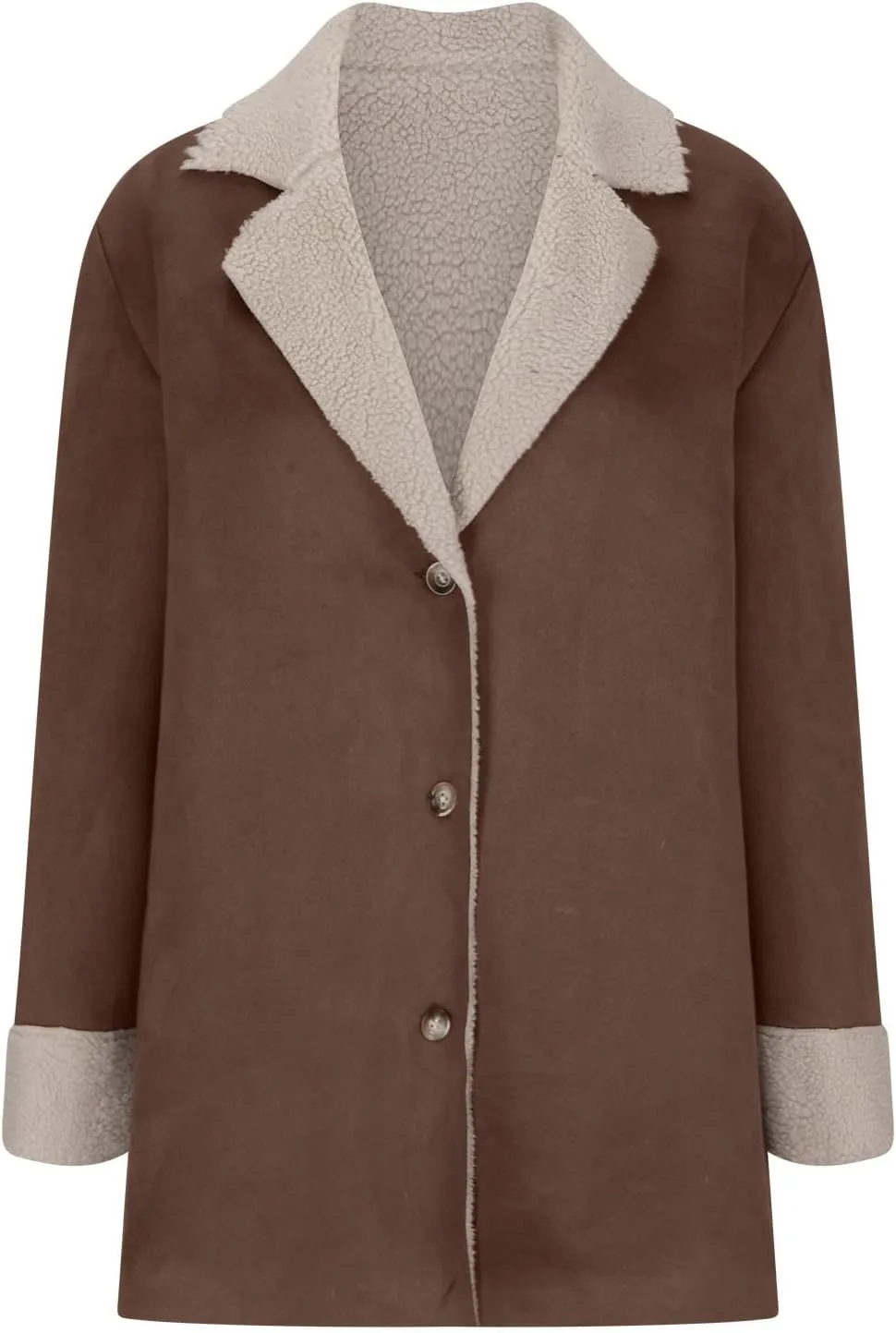 Womens Faux Suede Trench Coats Fuzzy Sherpa Lined Long Jackets Notched Lapel Button Down Winter Warm Outerwear