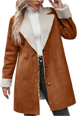 Womens Faux Suede Trench Coats Fuzzy Sherpa Lined Long Jackets Notched Lapel Button Down Winter Warm Outerwear