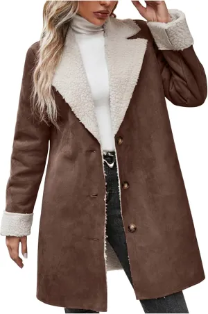 Womens Faux Suede Trench Coats Fuzzy Sherpa Lined Long Jackets Notched Lapel Button Down Winter Warm Outerwear