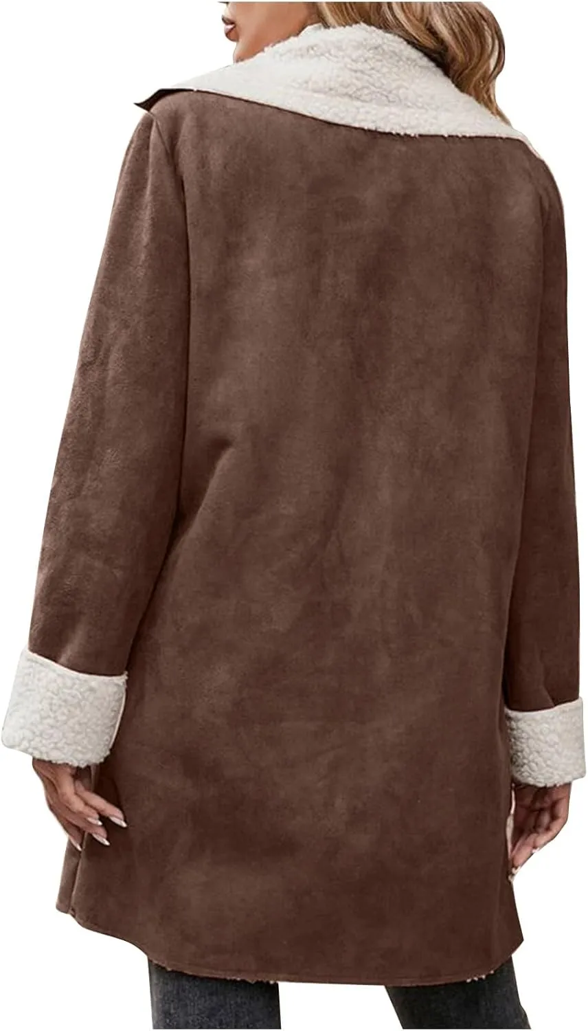 Womens Faux Suede Trench Coats Fuzzy Sherpa Lined Long Jackets Notched Lapel Button Down Winter Warm Outerwear