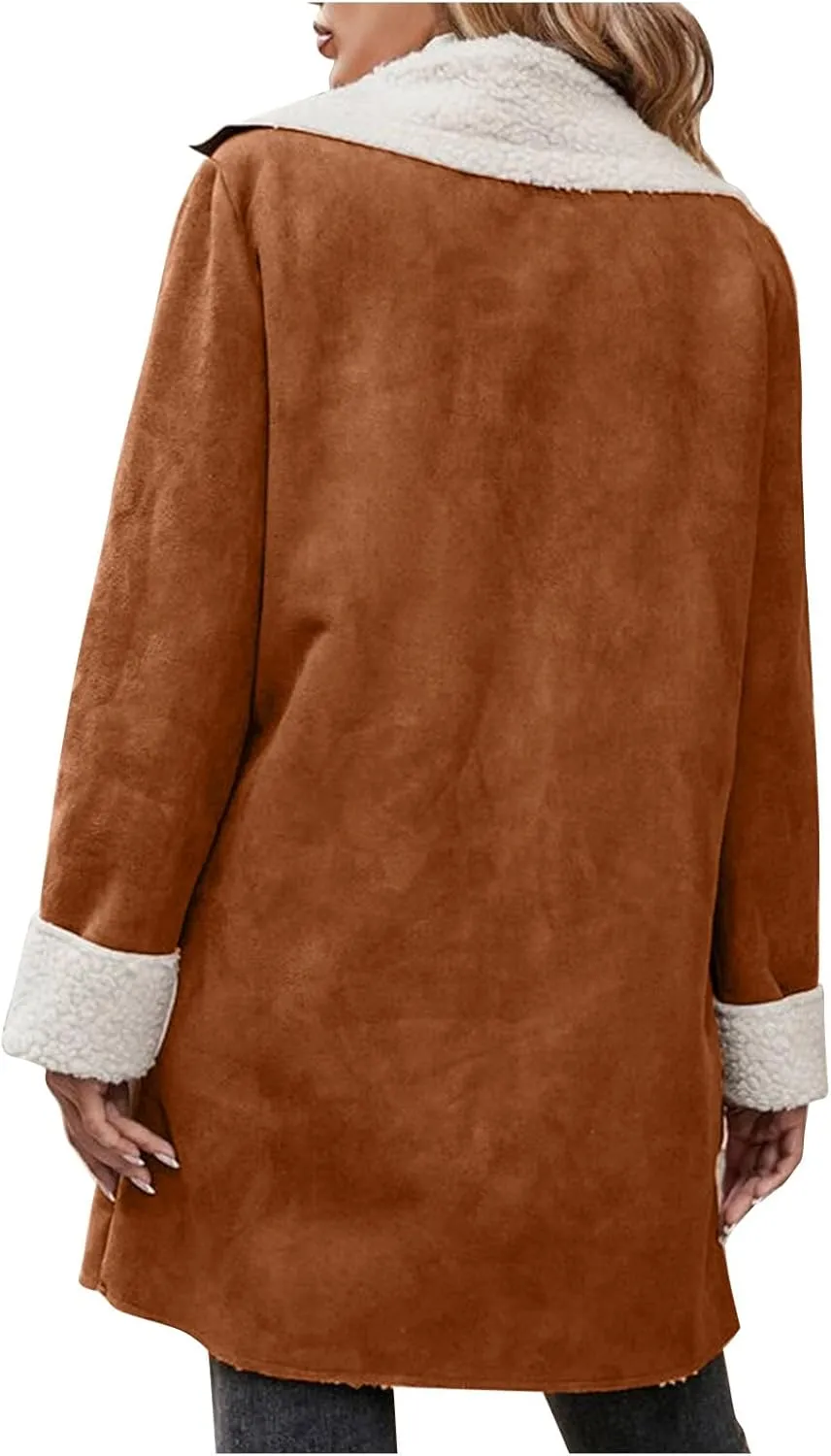 Womens Faux Suede Trench Coats Fuzzy Sherpa Lined Long Jackets Notched Lapel Button Down Winter Warm Outerwear