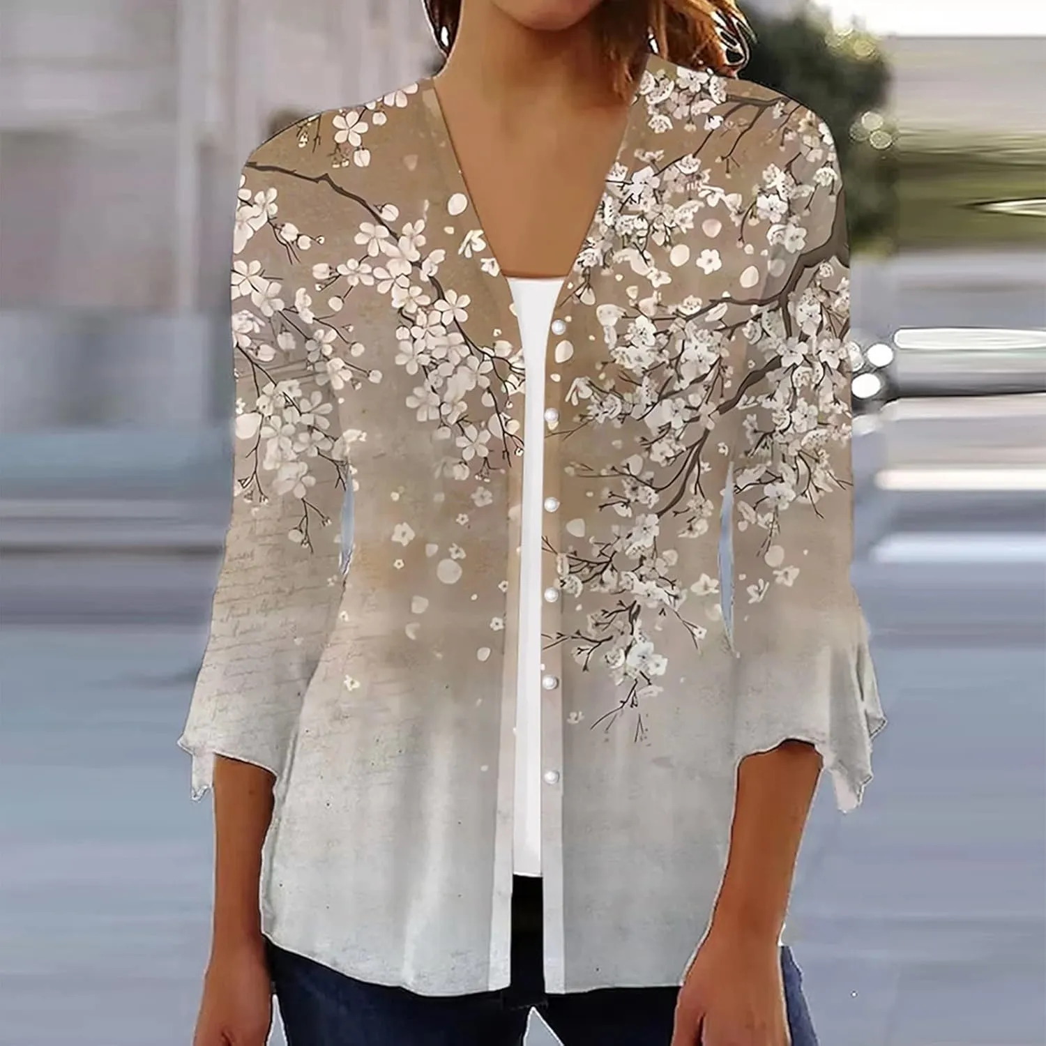 Women's Floral Print Bell 3/4 Sleeve Cardigan Lightweight Open Front Button Down Cover Up Casual Blouse Tops