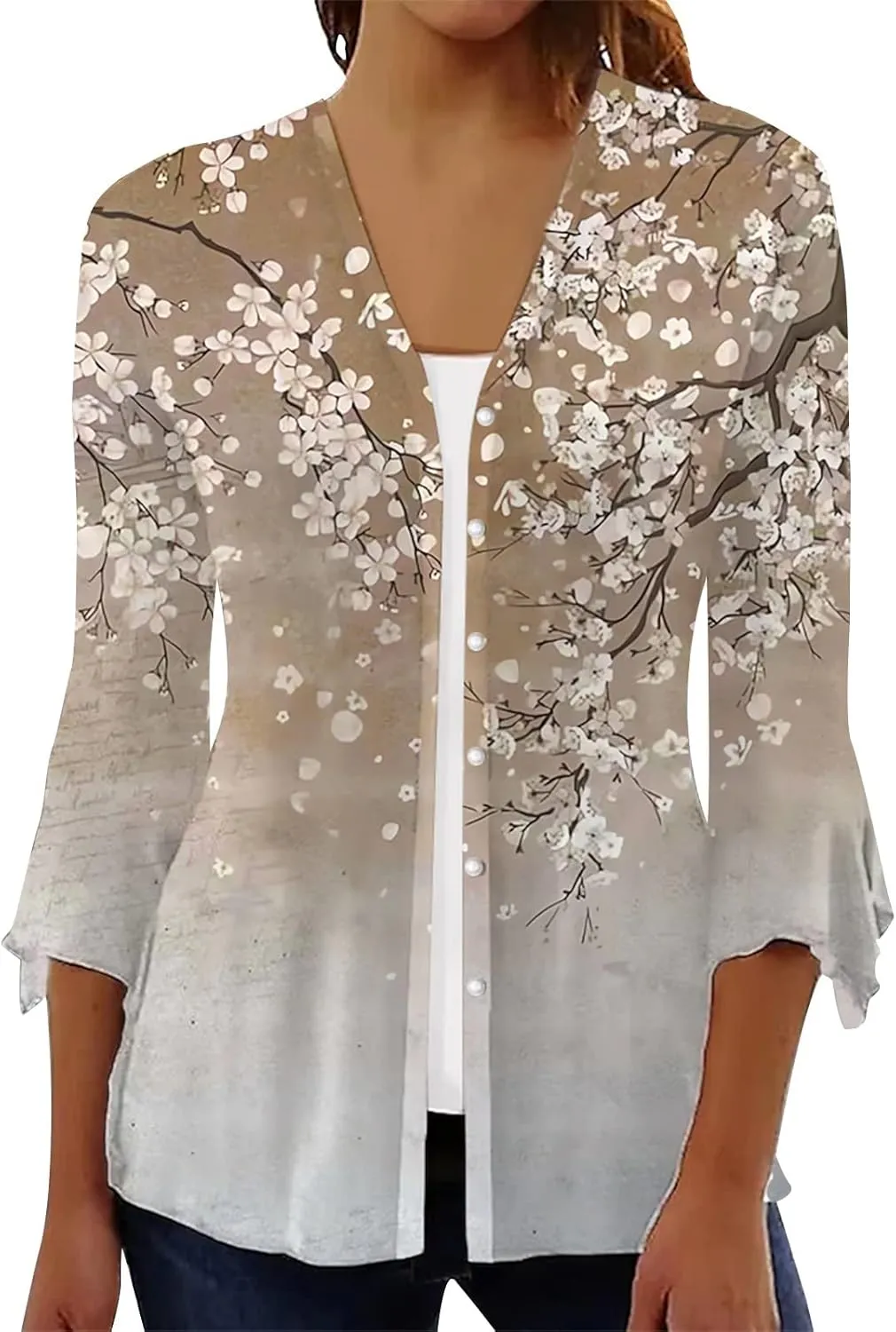 Women's Floral Print Bell 3/4 Sleeve Cardigan Lightweight Open Front Button Down Cover Up Casual Blouse Tops