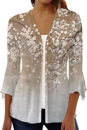 Women's Floral Print Bell 3/4 Sleeve Cardigan Lightweight Open Front Button Down Cover Up Casual Blouse Tops