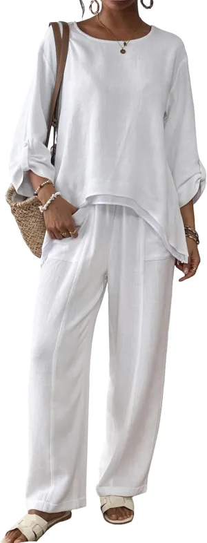 Women's Linen 2 Piece Outfits Rolled Sleeves Tops Wide Leg Trouser Pants Suits Summer Casual Dressy Linen Sets