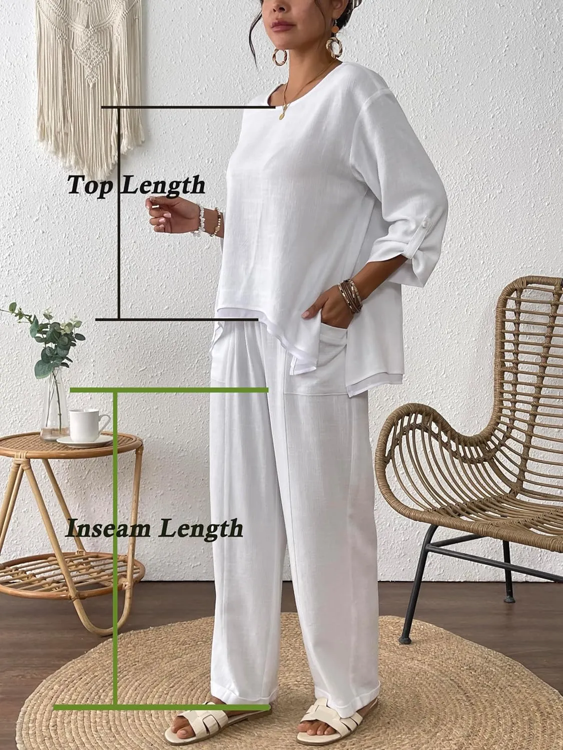 Women's Linen 2 Piece Outfits Rolled Sleeves Tops Wide Leg Trouser Pants Suits Summer Casual Dressy Linen Sets
