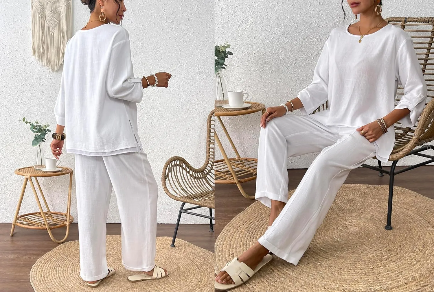 Women's Linen 2 Piece Outfits Rolled Sleeves Tops Wide Leg Trouser Pants Suits Summer Casual Dressy Linen Sets
