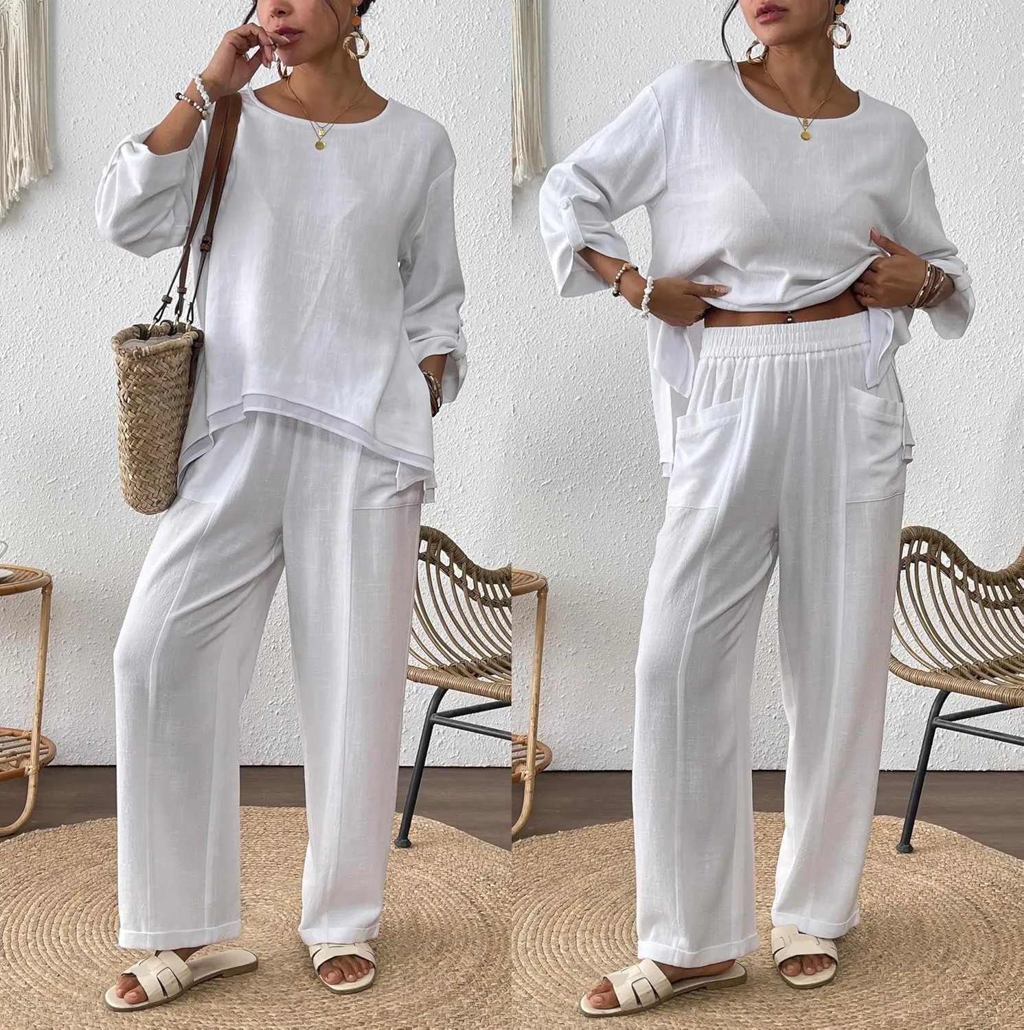 Women's Linen 2 Piece Outfits Rolled Sleeves Tops Wide Leg Trouser Pants Suits Summer Casual Dressy Linen Sets