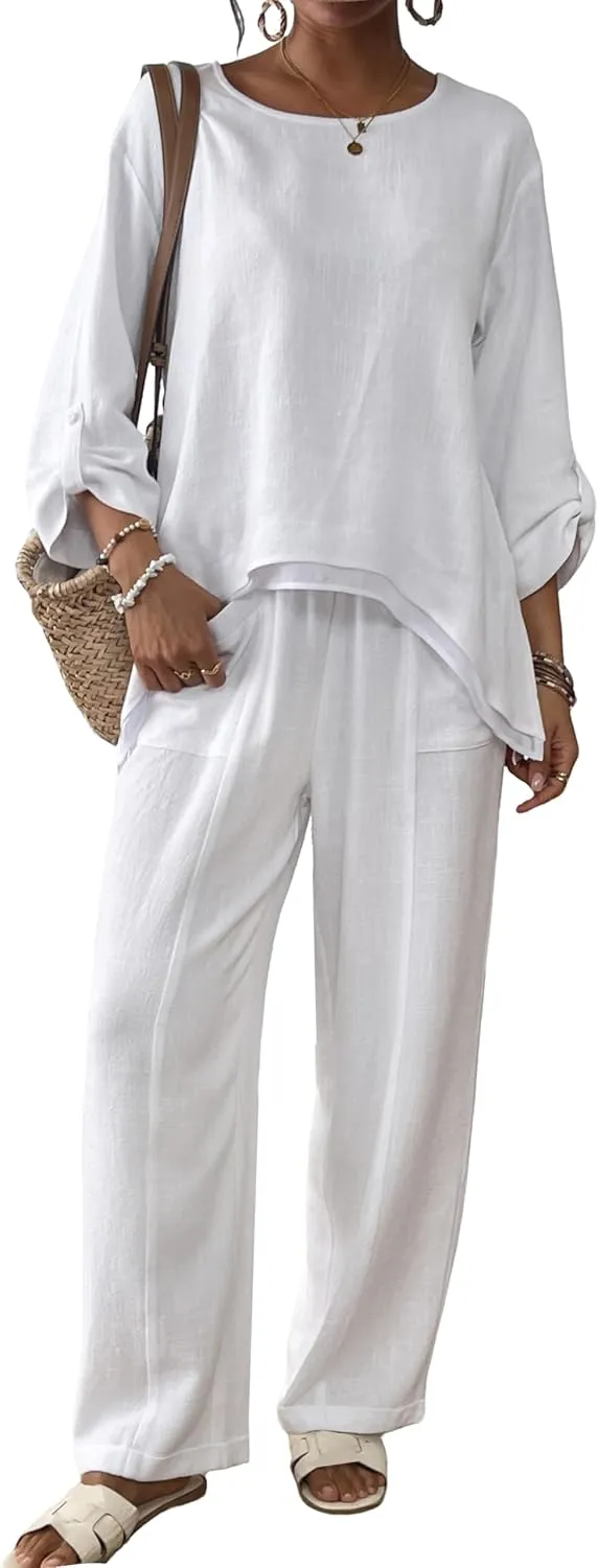 Women's Linen 2 Piece Outfits Rolled Sleeves Tops Wide Leg Trouser Pants Suits Summer Casual Dressy Linen Sets